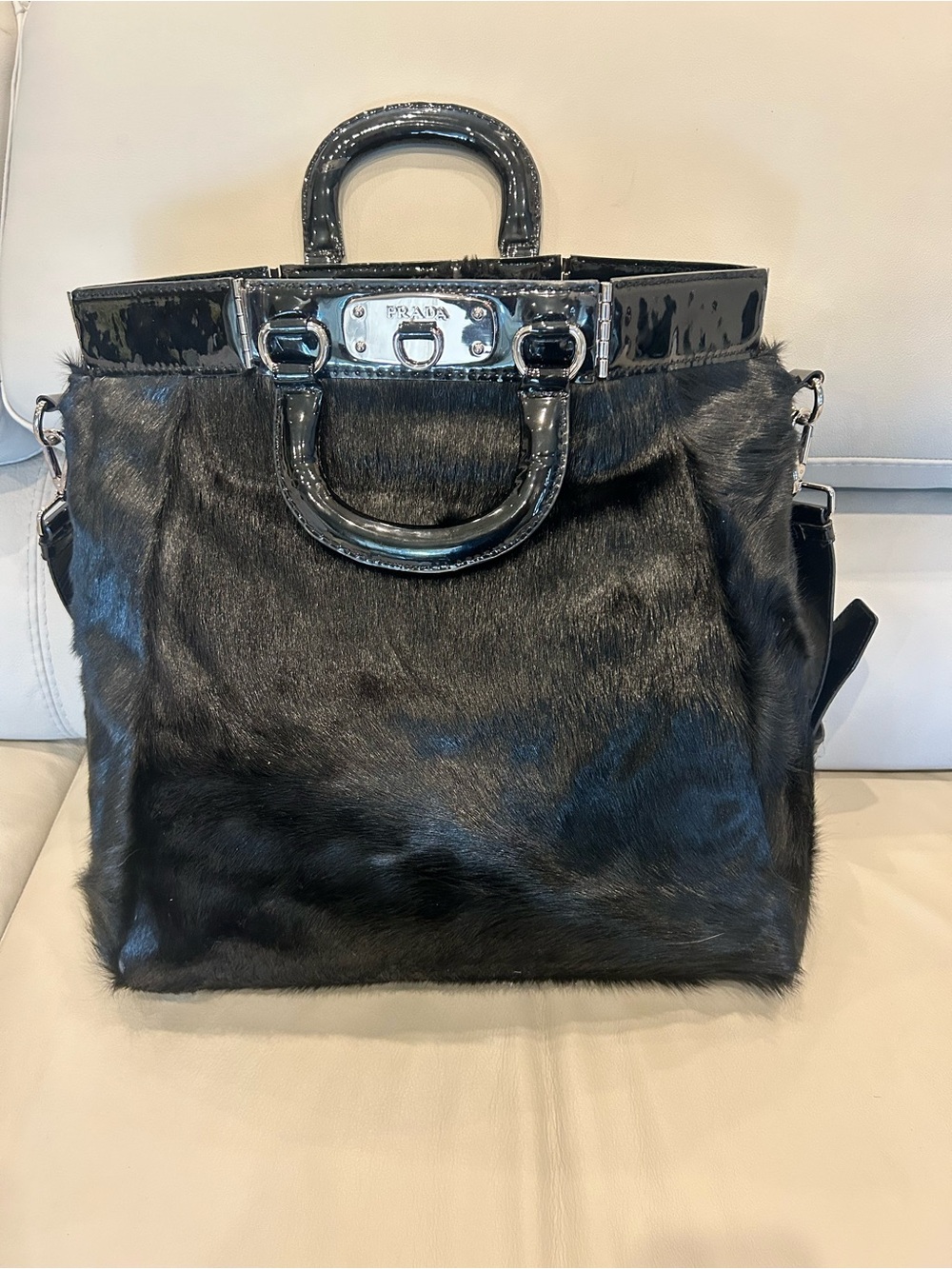 Prada Black Patent Leather & Fur Satchel